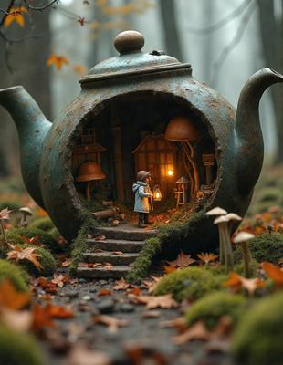 The primary subject of the image is a small tea kettle with a light inside, placed in a forest setting. The tea kettle is surrounded by mushrooms and other elements, creating a whimsical and imaginative scene. The visual style of the image is a combination of photo and digital art, giving it a unique and creative appearance. The colors and mood of the image are predominantly earthy tones, with a touch of warmth and coziness, evoking a sense of tranquility